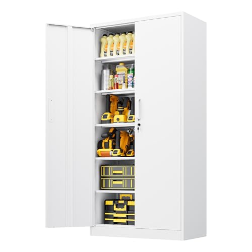 Metal Storage Cabinet with Lock,Tall White File Cabinet with 2 Doors and 5 Adjustable Shelves,Steel Storage Cabinets for Garage,Home Office,Pantry,School,Hospital