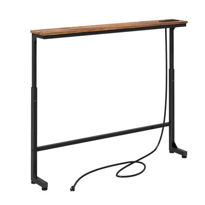 Narrow Console Table Behind Sofa Couch, Design with Adjustable Height (25"-33") & Power Outlets, Small Entryway Table - 5.9" D x39.4 L, Rustic Brown