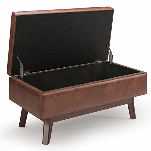 Owen Small Rectangular Storage Ottoman - 36 inch Wide Upholstered Vegan Leather Lift-Top Ottoman in Distressed Saddle Brown, Mid-Century Modern Ottoman for Living Room with Tufted Detail