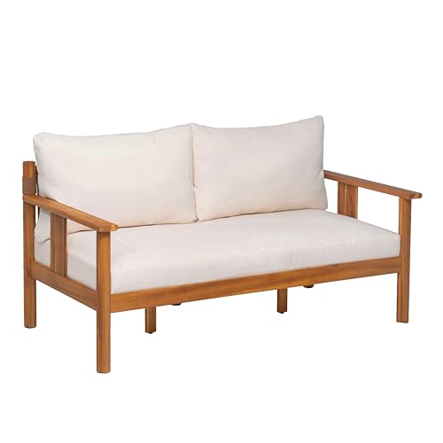Willy Acacia Wood Outdoor Loveseat and Coffee Table Set, 2 Piece Patio Furniture Set with Water-Repellent Cushion, Solid Wood Outdoor Conversation Set, Beige+Teak