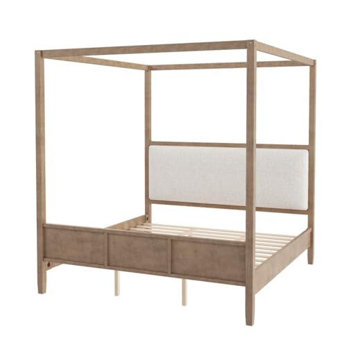 Canopy Bed King Size with Upholstered Headboard, Footboard, Natural, view 6