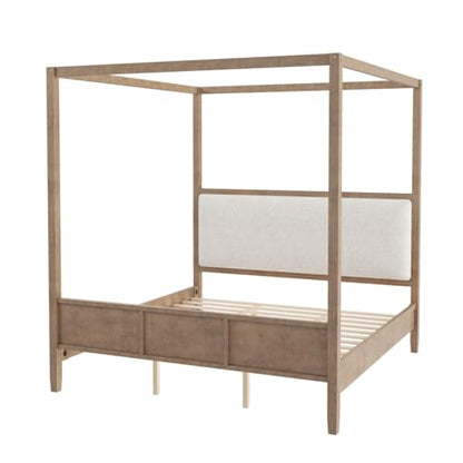 Canopy Bed King Size with Upholstered Headboard, Footboard, Natural, view 6