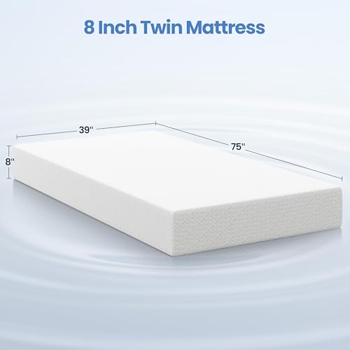 Yaheetech 8 Inch Twin Mattress 3 Foam Layer Cooling Gel Memory Foam Mattresses, Green Tea for Fresher Sleep, Medium Firm, CertiPUR-US Certified, Twin Size Mattress in a Box, White