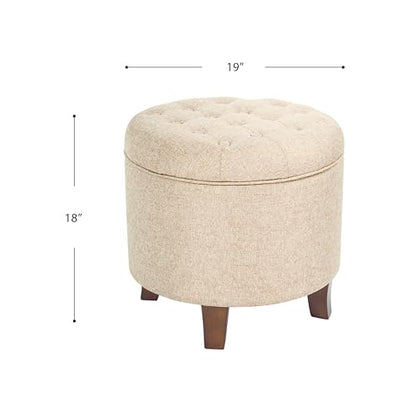 19" Button Tufted Round Storage Ottoman - Tan Woven