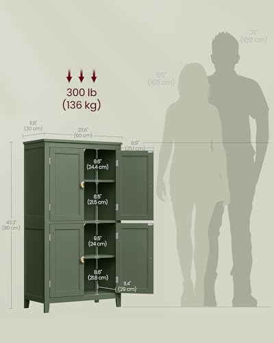 VASAGLE Floor Storage Cabinet, Freestanding Unit, 4 Doors | Adjustable Shelves, 11.8 x 23.6 x 43.3 Inches, for Entryway, Bathroom, Forest Green, UBBC552C01
