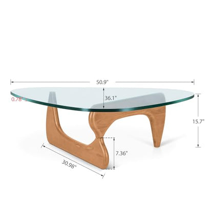 Triangle Glass Coffee Table Vintage Glass End Table, Solid Wood Base and Triangle Clear Glass Top Modern End Table for Living Room, Patio, Study (Light Walnut)