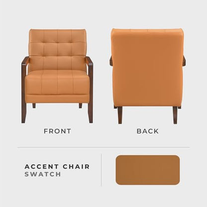 Modern Accent Chair, Luxury Genuine Leather Match Living Room Chair with Tufted Cushions, Solid Wood Frame and Arm Rest, Comfy Upholstered Single Seat for Bedroom/Reading/Office, Orange