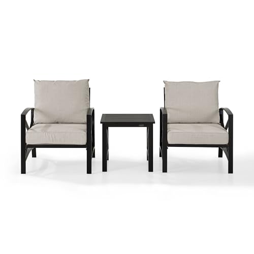 Crosley Furniture KO60016BZ-OL Kaplan Outdoor Metal 3-Piece Seating Set (2 Arm Chairs, Side Table), Oiled Bronze with Oatmeal Cushions