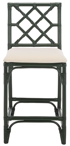 SAFAVIEH Furniture - Bhumi 23.6" Seat Height Counter Stool - White & Forest Green - Handwoven Rattan Design - Fully Assembled - Ideal for Kitchen, Dining Room & Kitchen Island (BST6511E)