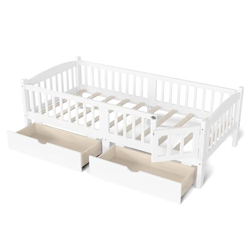 JIVOIT Twin XL Platform Bed with Full-Length Guardrails, Low Platform Bed with Two Drawers, Wood Slats Support, Cute & Childlike Headboard Design, No Box Spring Needed (White,Twin XL,6)