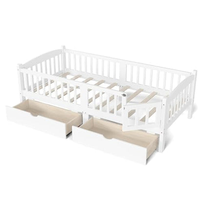 JIVOIT Twin XL Platform Bed with Full-Length Guardrails, Low Platform Bed with Two Drawers, Wood Slats Support, Cute & Childlike Headboard Design, No Box Spring Needed (White,Twin XL,6)
