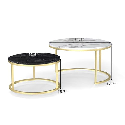 Nesting Coffee Table Set of 2, 31.5" Round Coffee Table Wooden Marble Pattern Accent Furniture, Industrial End Table for Living Room Bedroom Balcony (WhiteBlack/Gold)