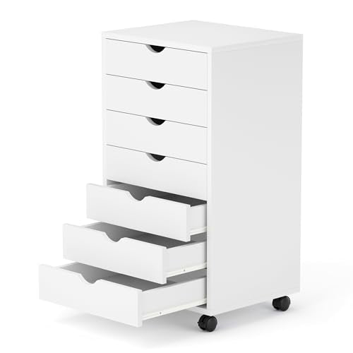 7 Drawer Chest, Storage Cabinet Dressers with Wheels, Dressers Storage Cabinets, Dresser Mobile Cabinet with Wheels, Room Organizer, Small Drawers Wood Organization Furniture for Office, Home, White