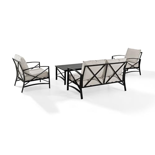 Crosley Furniture KO60009BZ-OL Kaplan Outdoor Metal 4-Piece Seating Set (Loveseat, 2 Arm Chairs and Coffee Table), Oiled Bronze with Oatmeal Cushions
