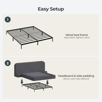 Upholstered Cloud Bed Frame Queen with Wide Headboard，Nightstands, Grey, view 7
