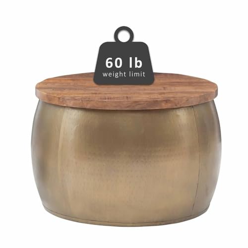 Large Drum Accent Table, 27.5 in, Mango Wood & Hammered Brass Finish, Hidden Storage, Modern Coffee Table or Ottoman, Handcrafted Decorative Furniture for Living Room or Bedroom