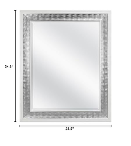 28.5x34.5 Large Wall Mirror, White Frame with Woven Silver Detail & Beveled Detail Mirror, Vertical & Horizontal Wall Hanging Mirror for Bathroom, Bedroom & Livingroom