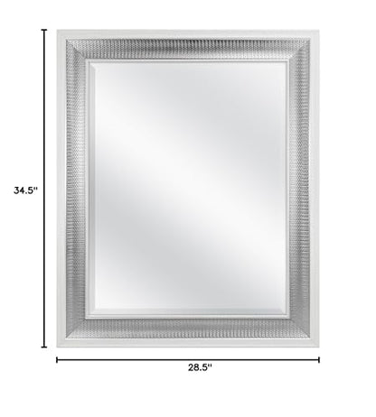28.5x34.5 Large Wall Mirror, White Frame with Woven Silver Detail & Beveled Detail Mirror, Vertical & Horizontal Wall Hanging Mirror for Bathroom, Bedroom & Livingroom