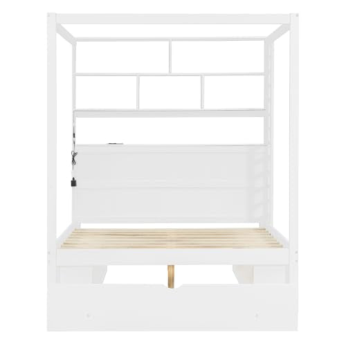 Full Size Wooden Canopy Bed Frame with Bookcase Headboard,USB Outlets, view 6