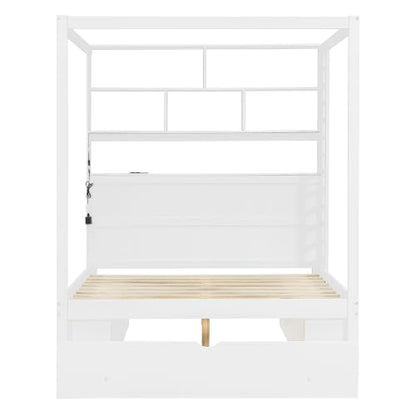 Full Size Wooden Canopy Bed Frame with Bookcase Headboard,USB Outlets, view 6