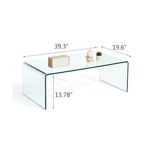 Glass Coffee Table, Modern Clear Coffee Tables for Living Room, Small Rectangle Tempered Glass Table Waterfall Sofa End Tables 39.3" x 19.6" x 13.78"H