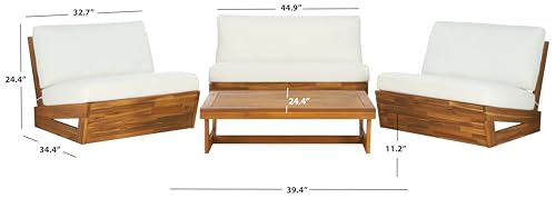 SAFAVIEH Outdoor Patio Furniture - Dune 4-Piece Set - Sand & Beige - Acacia Wood - Modern, Conversation Set with Detachable Cushion Covers - Ideal for Patio, Deck, Porch, Backyard (PAT9515A-KIT3)