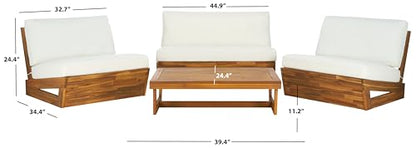 SAFAVIEH Outdoor Patio Furniture - Dune 4-Piece Set - Sand & Beige - Acacia Wood - Modern, Conversation Set with Detachable Cushion Covers - Ideal for Patio, Deck, Porch, Backyard (PAT9515A-KIT3)