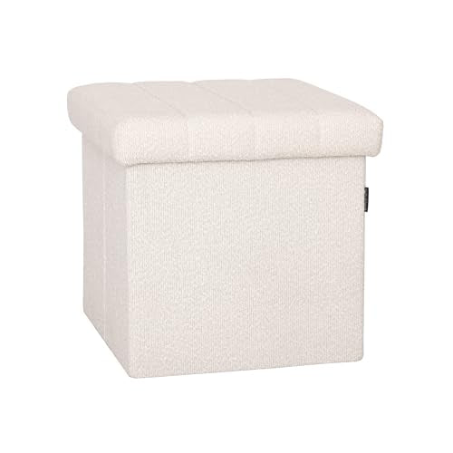 Seville Classics Cushioned Fabric Ottoman Hidden Storage Chest Footrest Chair, Padded Seat for Bedroom, Dorm, Loft, Living Room, Entryway, Hallway, White Boucle, 15.7" Cube