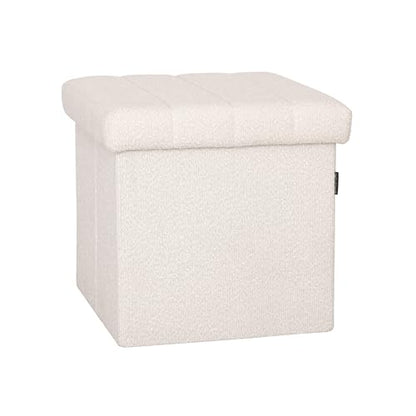 Seville Classics Cushioned Fabric Ottoman Hidden Storage Chest Footrest Chair, Padded Seat for Bedroom, Dorm, Loft, Living Room, Entryway, Hallway, White Boucle, 15.7" Cube