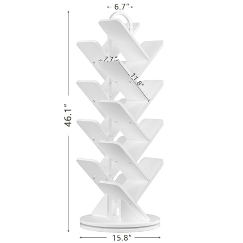 16-Tier Tree Rotating Bookshelf, 360 Degree Spinning Standing Bookcase for Magazines DVDs Books, Corner Bookcase for Living Room Bedroom Study, White