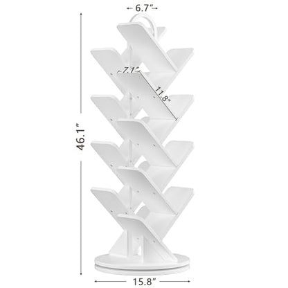 16-Tier Tree Rotating Bookshelf, 360 Degree Spinning Standing Bookcase for Magazines DVDs Books, Corner Bookcase for Living Room Bedroom Study, White