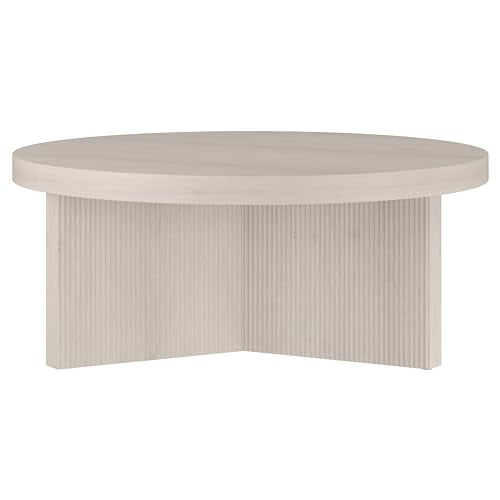 36" Fluted Round Low-Profile Coffee Table with Ribbed Pedestal Base for Living Room, Family Room, or Office, Beech White
