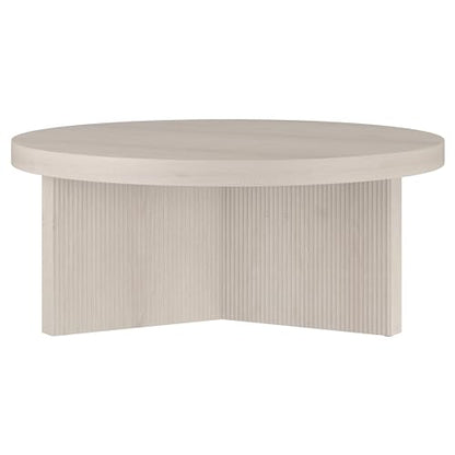 36" Fluted Round Low-Profile Coffee Table with Ribbed Pedestal Base for Living Room, Family Room, or Office, Beech White