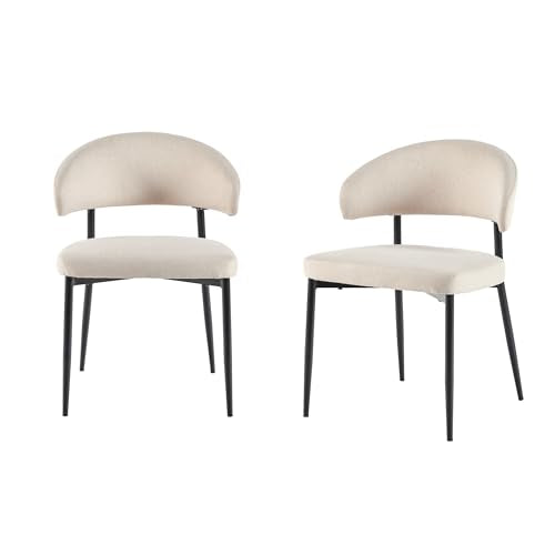 Modern Curved Back Upholstered Dining Chair with High-Performance Woven Upholstery and Powder Coated Steel Base, 2pk, Ivory