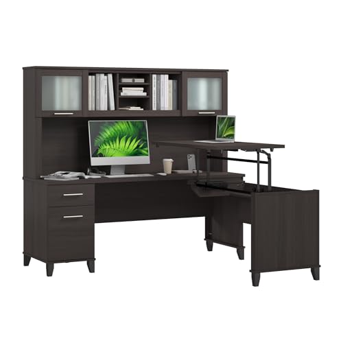 72-Inch L-Shaped Sit to Stand Desk with Hutch, Adjustable Height Standing Corner Computer Desk with Drawers, Shelves and Storage Cabinet, Home Office, Somerset Collection, Storm Gray