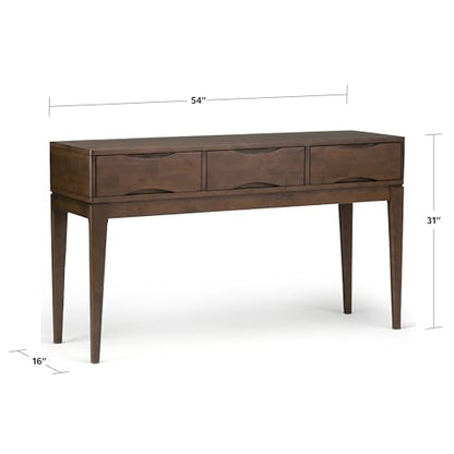 Harper Console Table - 54 Inch Wide Solid Hardwood Sofa Table in Walnut Brown, Mid-Century Modern Storage Table for Entryway or Living Room with 3 Drawers, Notched Handles, and Tapered Legs