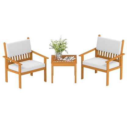 3-piece Patio Furniture Set Acacia Wood Patio Bistro Set Outdoor Chat Conversation Table Chair Set Wood Chat Set with Water Resistant Cushions and Coffee Table Chairs for Beach Backyard Garden