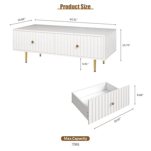 Modern Coffee Table with Storage with 2 Big Drawers, White Rectangle Coffee Table for Living Room, Wooden Fluted Table Accent Tea Table for Living Room Apartment Small Space