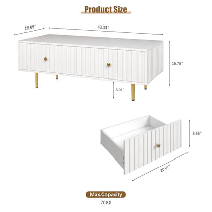 Modern Coffee Table with Storage with 2 Big Drawers, White Rectangle Coffee Table for Living Room, Wooden Fluted Table Accent Tea Table for Living Room Apartment Small Space