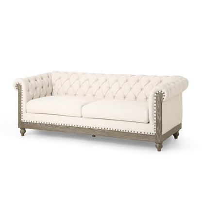 LUMISOL 3-Seat Sofa with Rivet Detailing for Living Room, Retro Style Sofa Couch Furniture with Wooden Legs, Loveseat with Pull-tab Backrest for Apartments Office, Beige