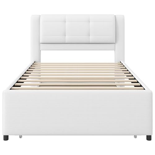 JIVOIT Twin Size Upholstery Platform Bed, Pull-Out Trundle, Upholstery Headboard (Beige-90-Twin)