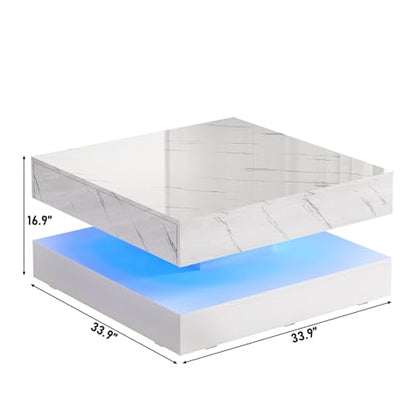 33.9 Inch Modern LED Coffee Table with Storage - High Gloss Black Square Center Table with 2 Drawers, Double-Layer Design for Living Room, Home Office Furniture,White Marble