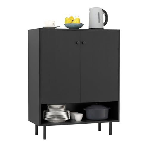 Sideboard Buffet Cabinet, Freestanding Kitchen Storage Cabinet with Doors, Adjustable Shelf & Anti-Tipping Kit, Mid Century Modern Black Buffet Table for Dining Room, Living Room, Entryway
