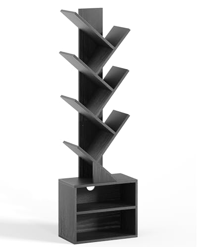 6 Tier Tree Bookshelf, Small Bookcase with Storage Cabinet, Modern Narrow Bookshelves Organizer, Floor Standing Book Shelf for Bedroom/Living Room/Home Office/Corner, Black