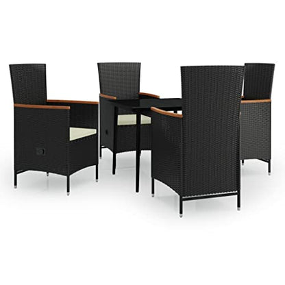 5-Piece Outdoor Dining Set Black and Cream PE Rattan Patio Furniture 31.5" Square Table 4 Chairs with Adjustable Backrest Garden Balcony Terrace Backyard Bistro Use