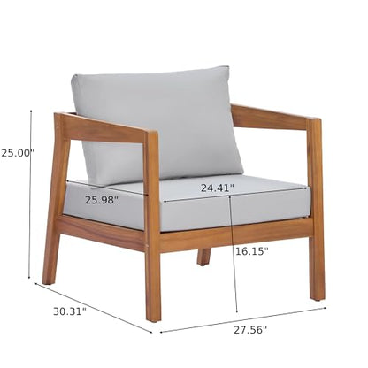 Grice Acacia Wood Lounge Chair Outdoor with Removable Cushion, Wooden Patio Accent Chair with Open Frame Design, Outdoor Armchair for Patio Furniture Set, Light Grey + Teak