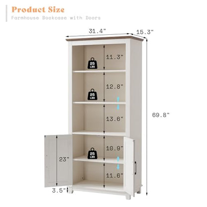 2-Piece 5-Tier Farmhouse Bookcase with Barn Doors, Rustic White, view 4