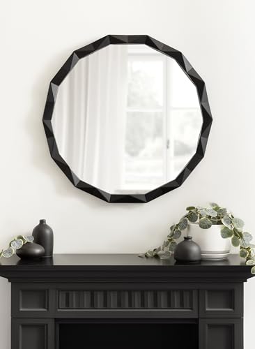 Endicott Modern Geometric Round Wall Mirror; 26 Inch Diameter; Black; Transitional Faceted Wood Circle Mirror for Use as Bathroom Mirror for Over Sink or Cute Nursery Mirror