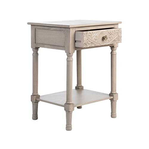 SAFAVIEH Home Collection – Josie Greige Accent Table with Drawer & Shelf, Old World Farmhouse Nightstand, Carved Floral Detail (ACC5706B)