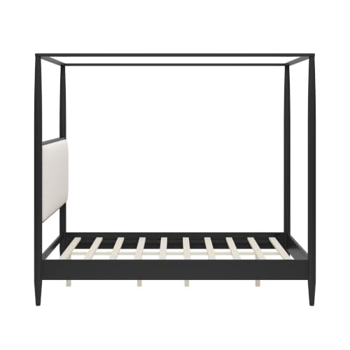 Queen Size Wood Canopy Bed with Upholstered Headboard, Black, view 8